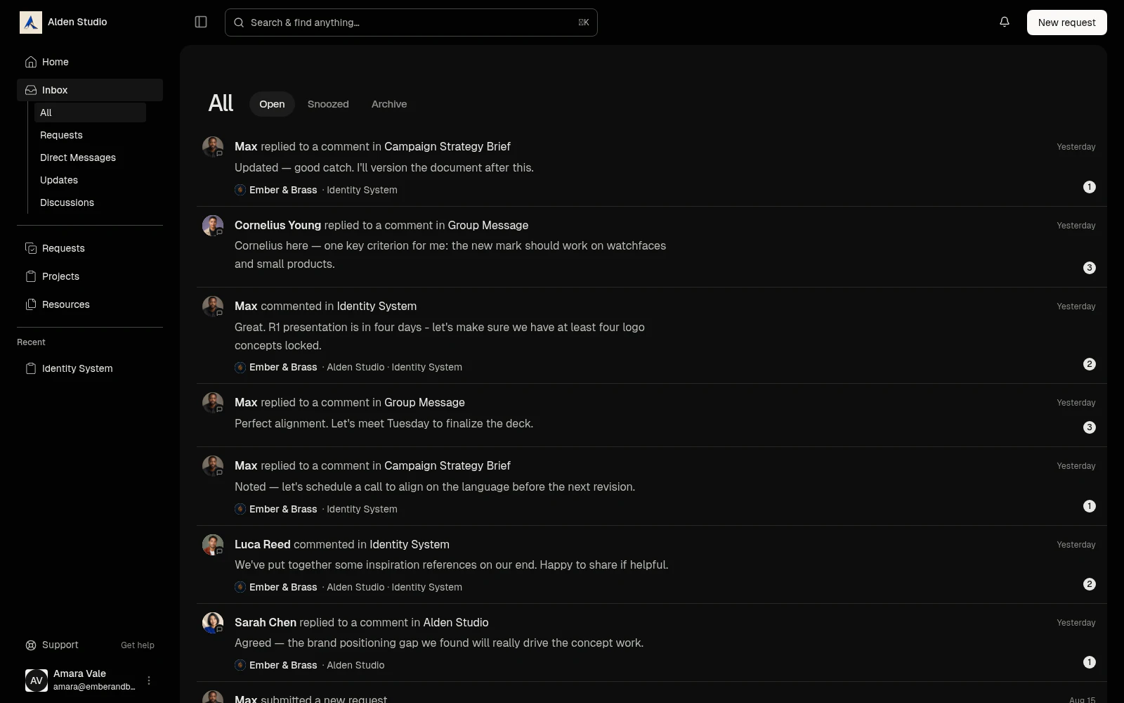 A client's portal inbox listing replies and comments across their projects