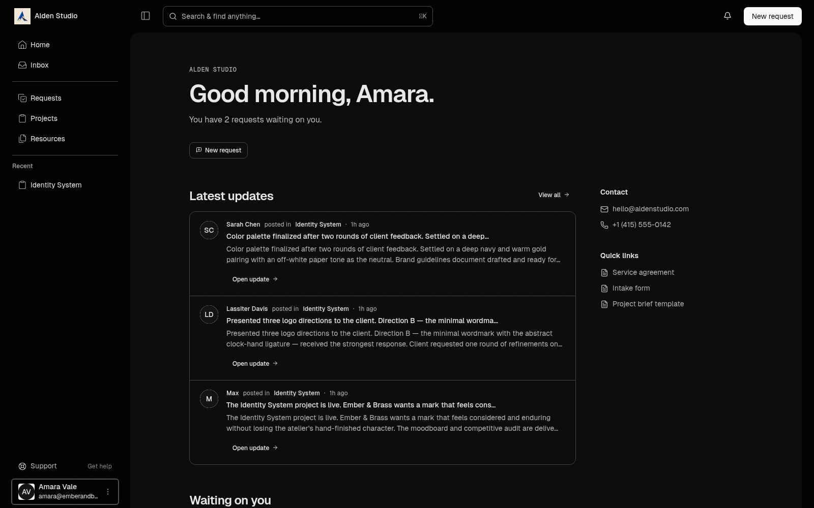 A client's home in a studio's Watson portal, with the latest updates and what is waiting on them.
