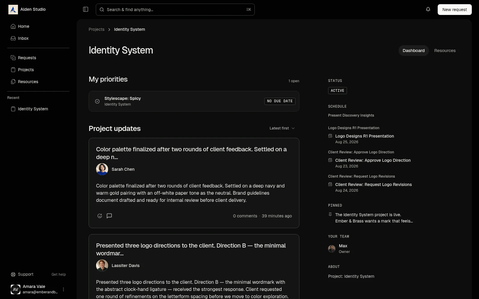 A Watson project overview showing status, milestones, and recent activity
