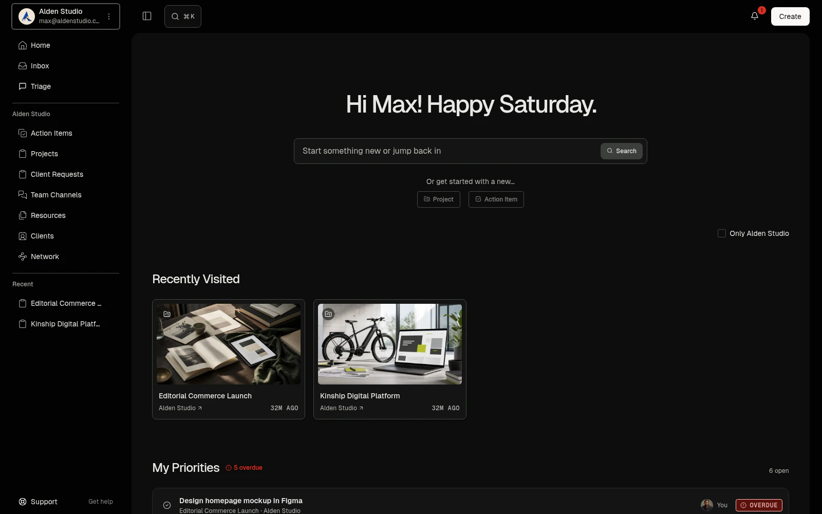 The Watson Studio home screen showing recent work and open action items