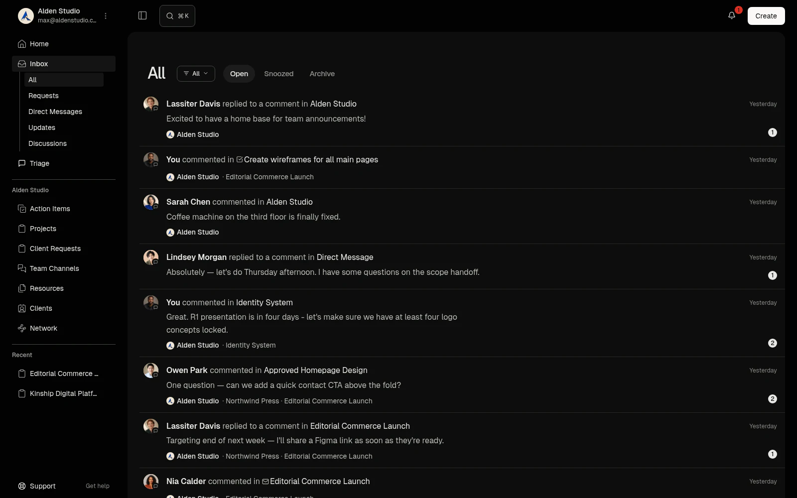 The Watson inbox showing a threaded conversation list