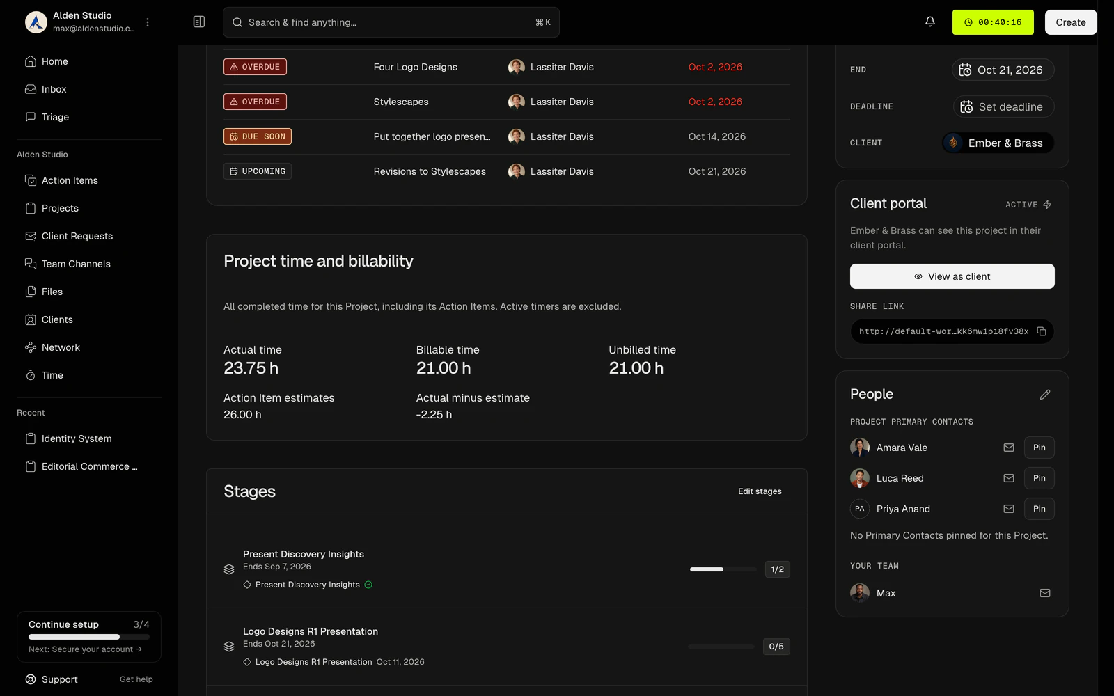 A project overview in Watson Studio with its time and billability card