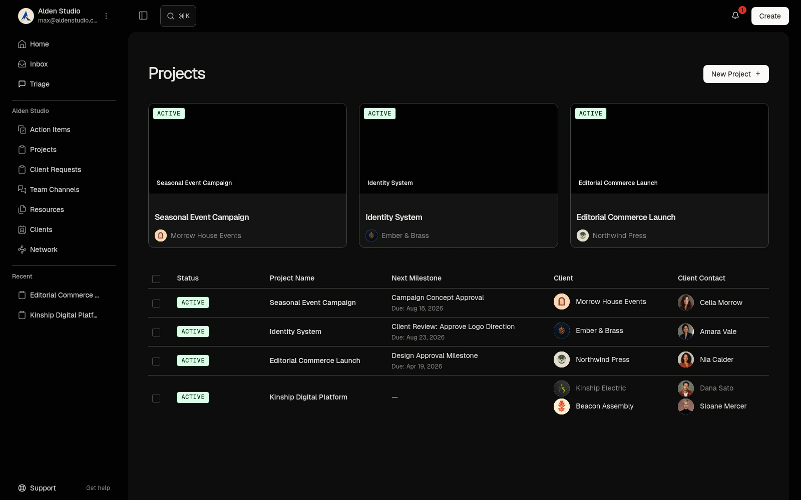 The projects list showing active projects with their next milestones and clients