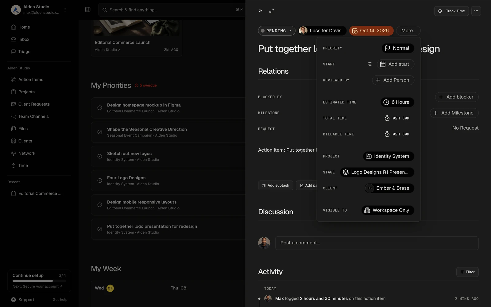 An action item open in Watson Studio with its Track Time button and logged time