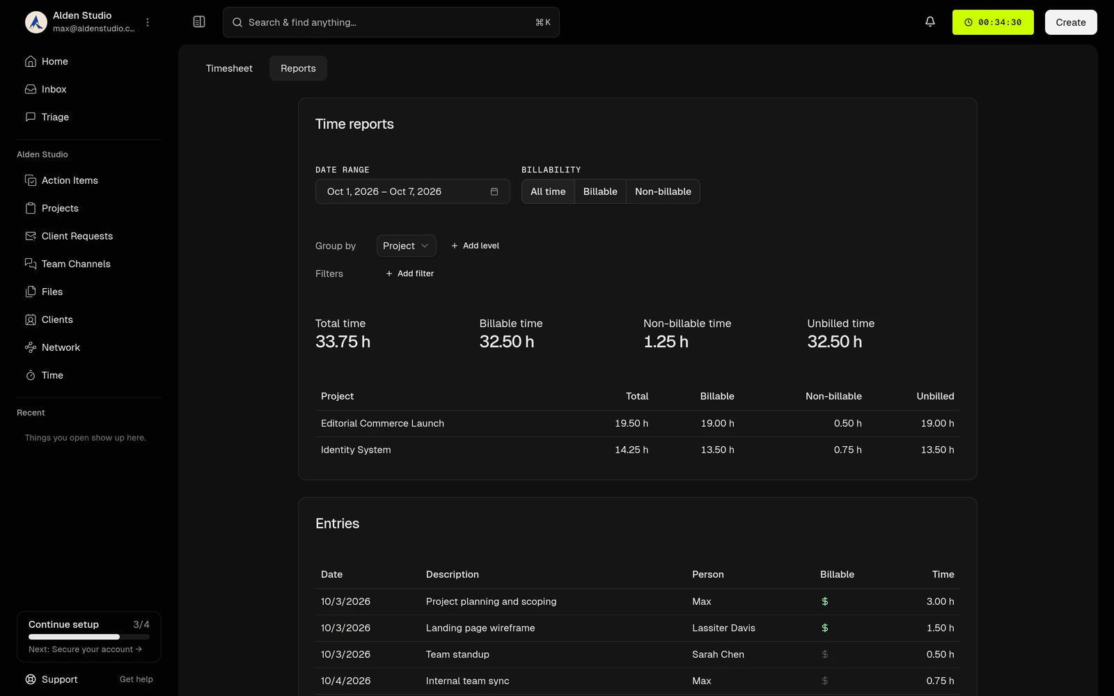 Time reports in Watson Studio with total, billable, non-billable, and unbilled hours grouped by client