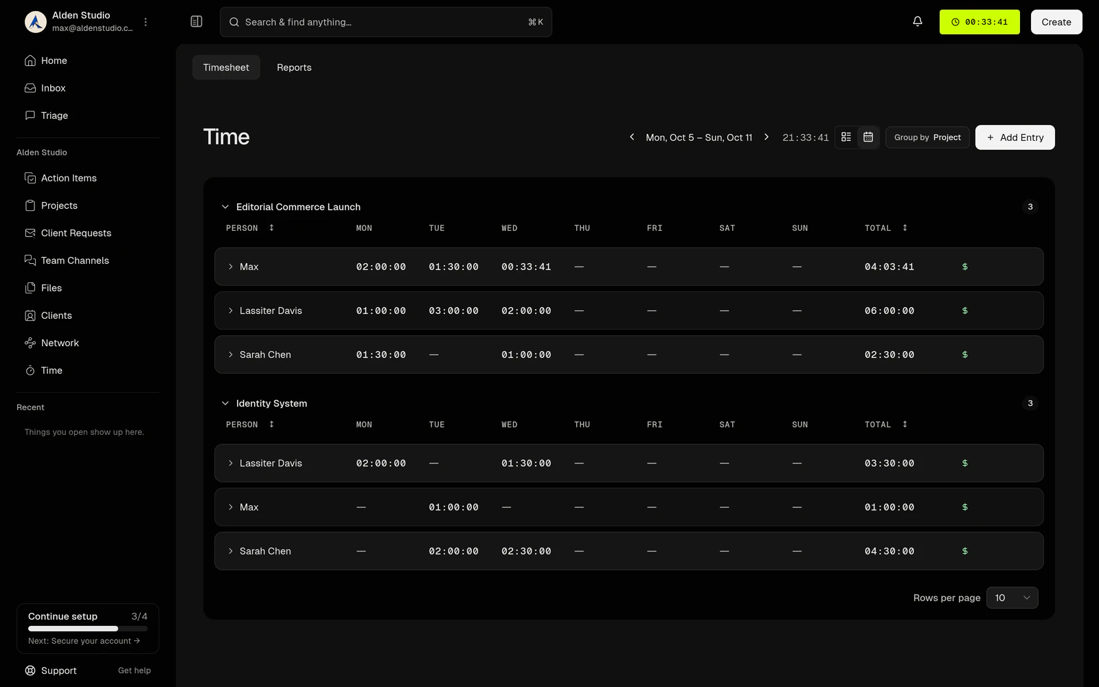 The weekly timesheet in Watson Studio, entries grouped by project with daily totals